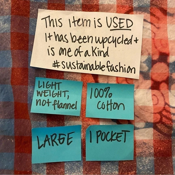 Reworked Boho Floral Bleached Plaid Button Down Shirt Womens Size Large Top Red - Picture 10 of 13